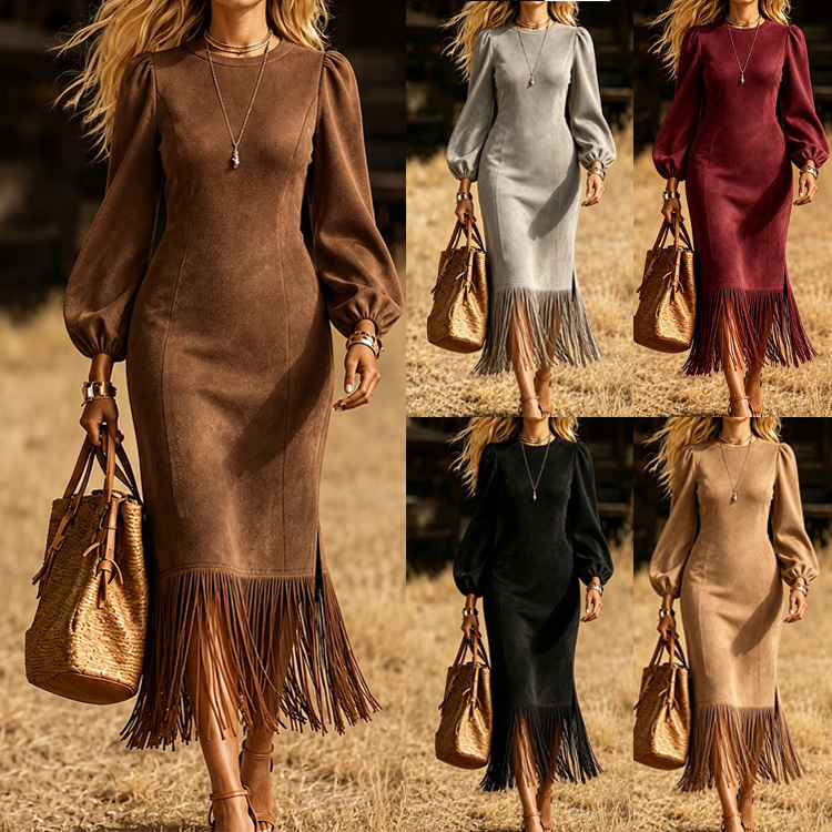 Suede Western Fringe Long Sleeve Midi Dress