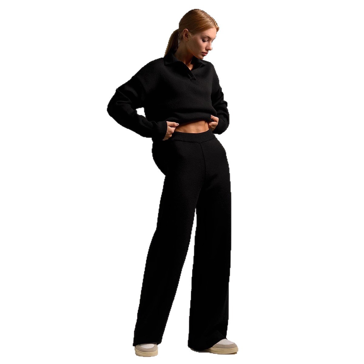 Polo Neck Pullover & Wide Leg Pants Two-Piece Set