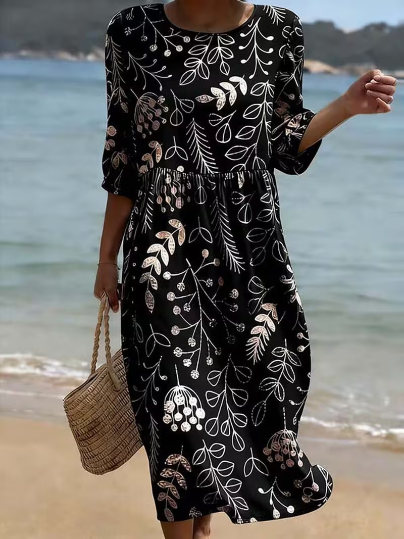 Women's Vintage Floral Print Pleated Midi Dress