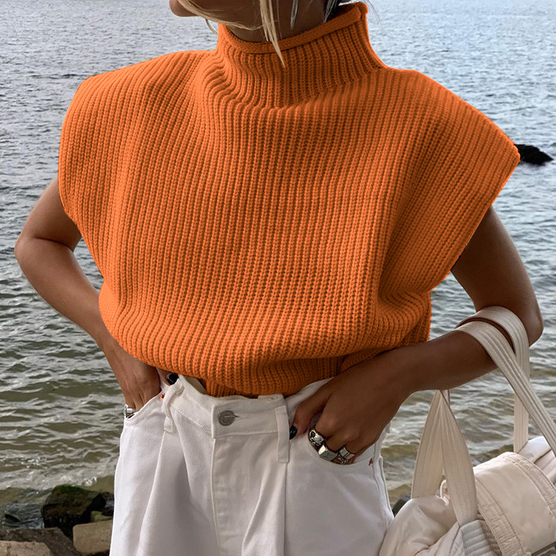 Women's High Neck Short Sleeve Knit Top Solid Color