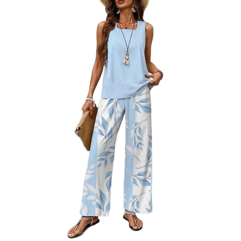 Women's Square Neck Sleeveless Top and Pants Set with Digital Floral Print
