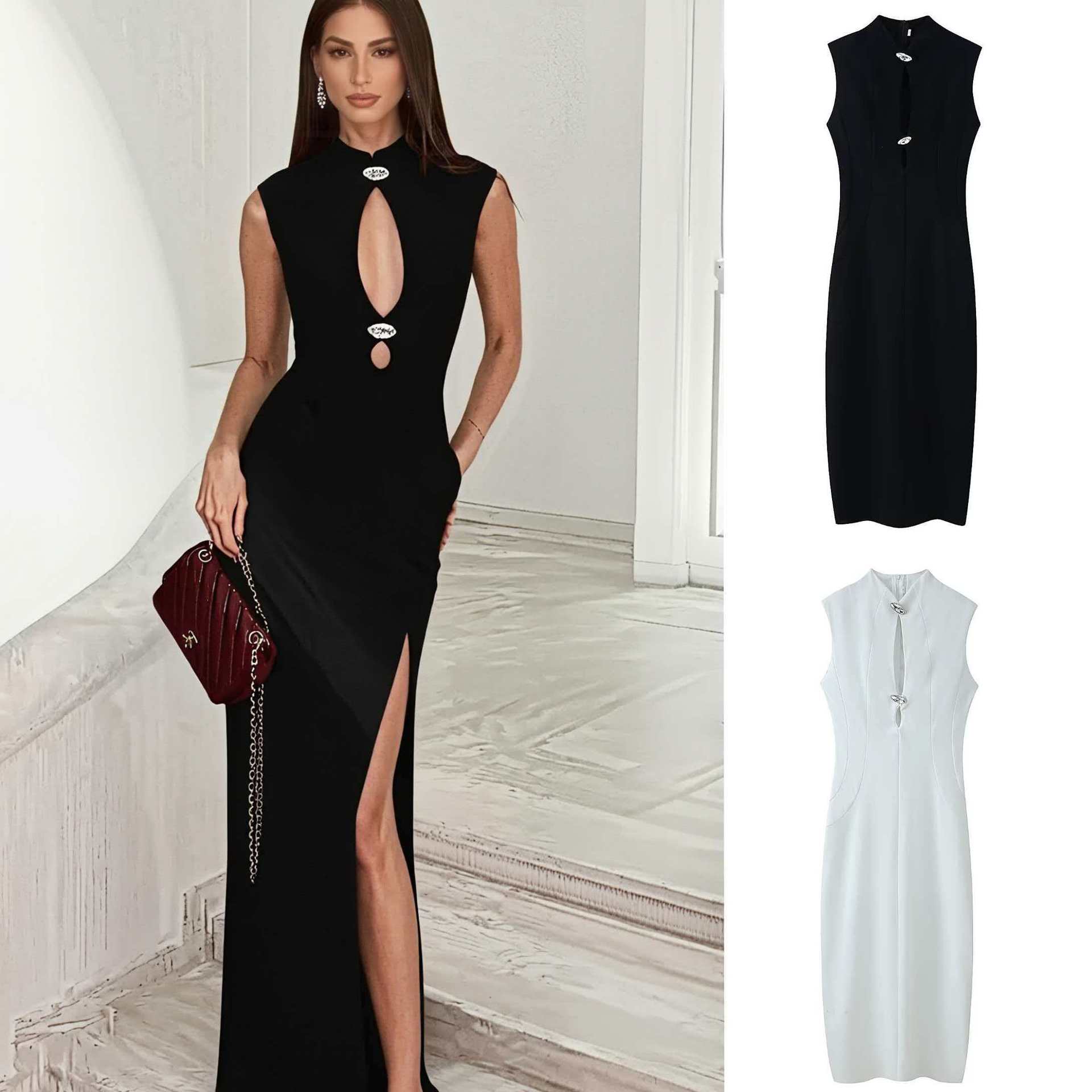 Slim-Fit Metal-Trim Stand-Collar Qipao Dress