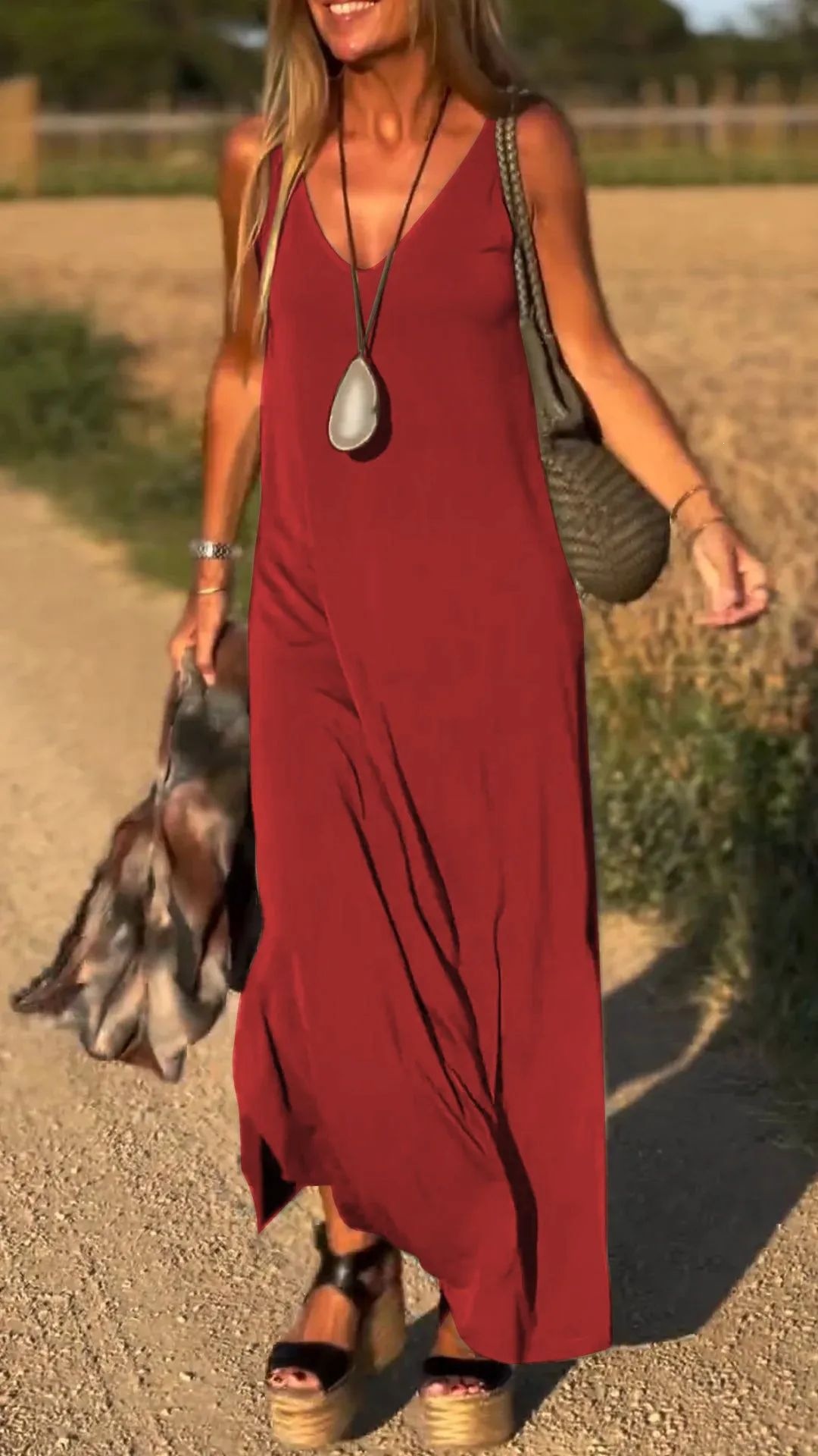 V-Neck Sleeveless Knit Maxi Dress Casual Slim Fit