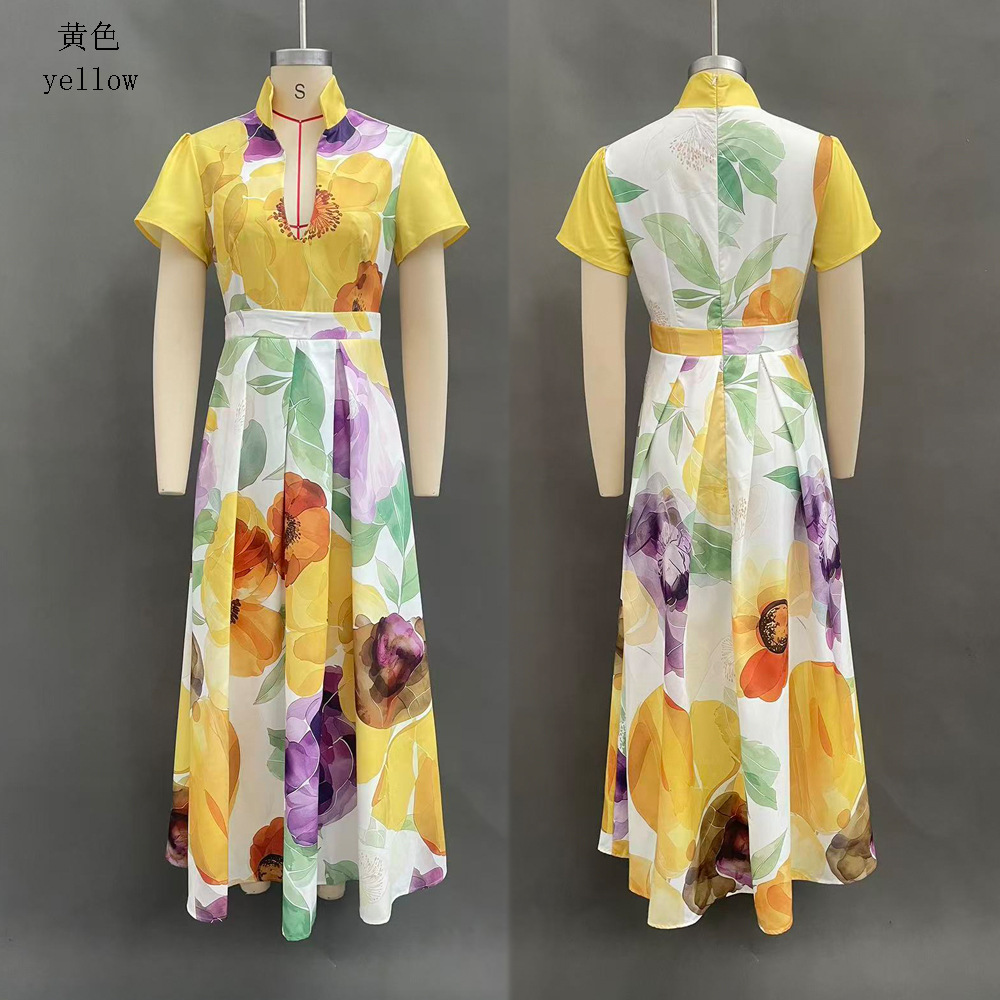 Women's Floral Print Deep V-Neck Short Sleeve Maxi Dress
