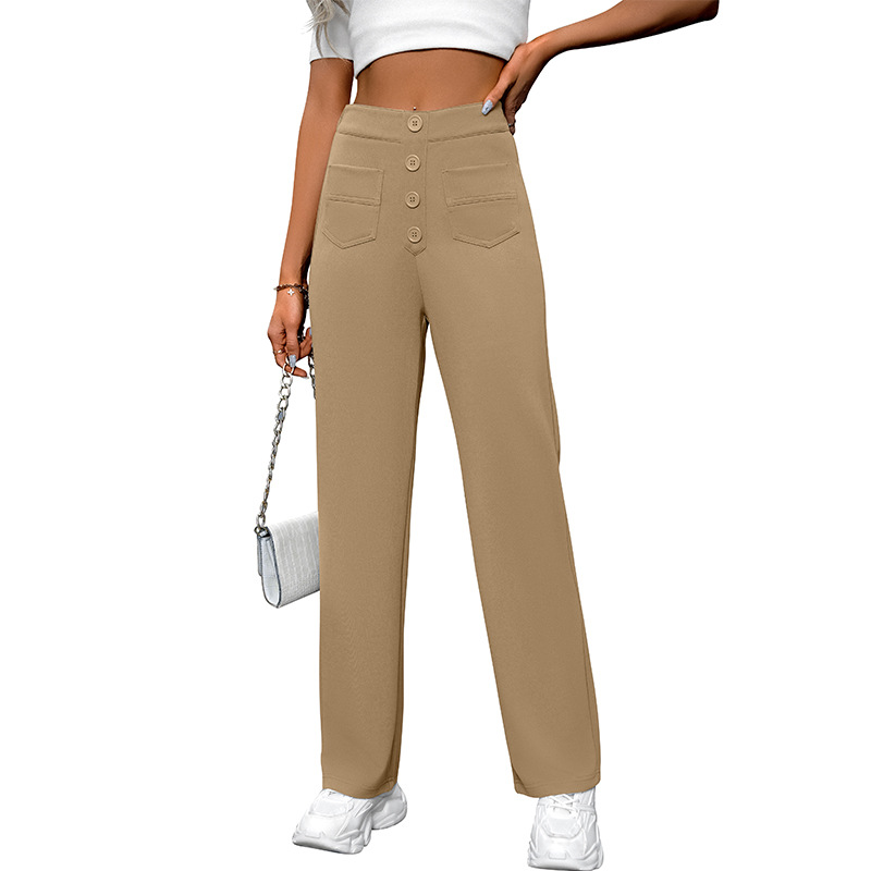 High-Waist Wide-Leg Button Pants with Pockets Casual Straight-Leg Trousers