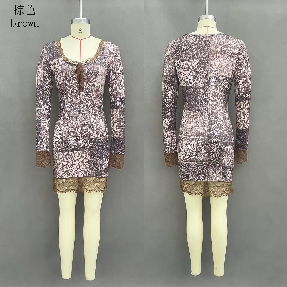 Long Sleeve U-Neck Print Patchwork Bodycon Dress