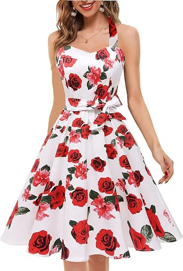 Women's Summer Halter Neck Sleeveless Floral Print Vintage Maxi Dress