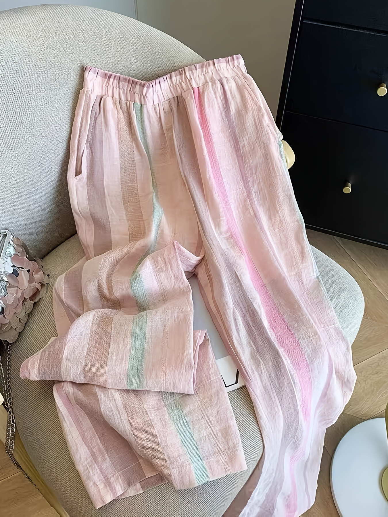 Striped Elastic Waist Wide-Leg Pants Women's Straight-Leg Casual Cotton-Linen Blend Lightweight