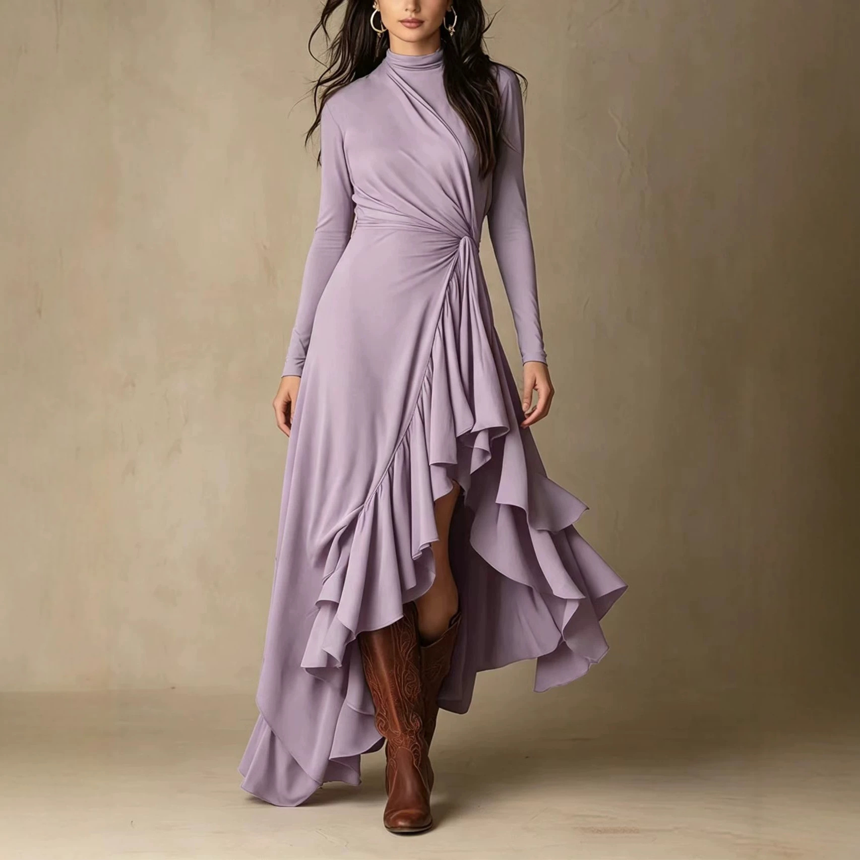 Elegant Solid Long Sleeve Asymmetrical Ruffle Midi Dress