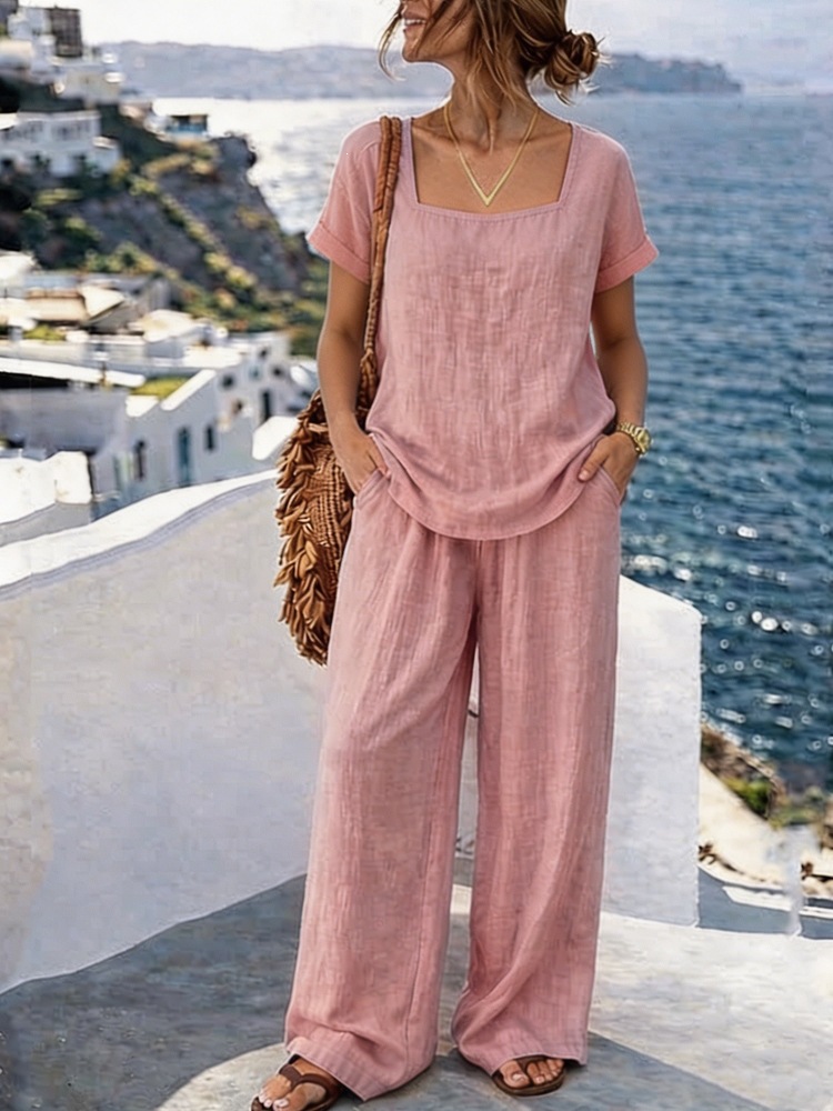 Women's Square Neck Short Sleeve Top and Pants Washed Cotton Set