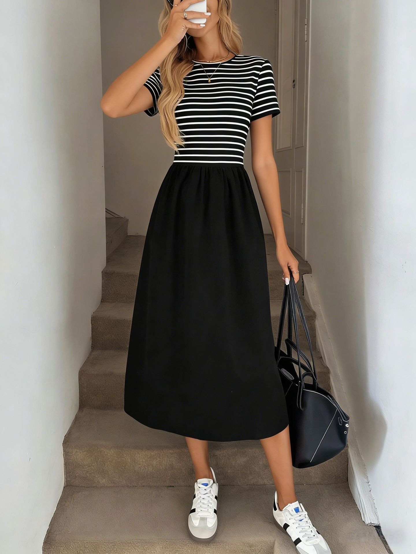 Retro Crewneck High-Waist Ruched Colorblock Striped Tank Dress