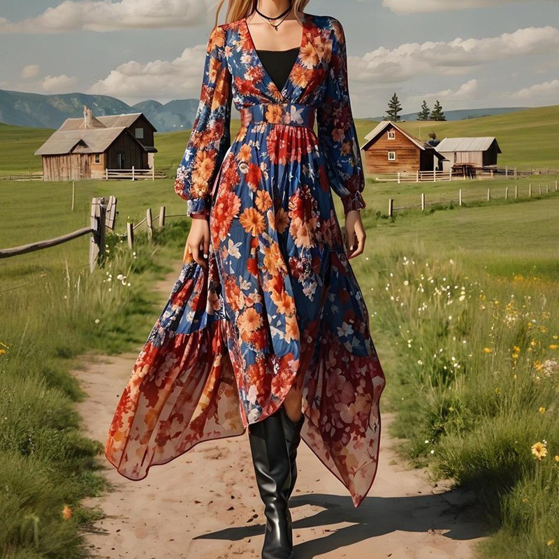 Floral Print High-Waist A-Line Midi Dress with V-Neck and Puff Sleeves