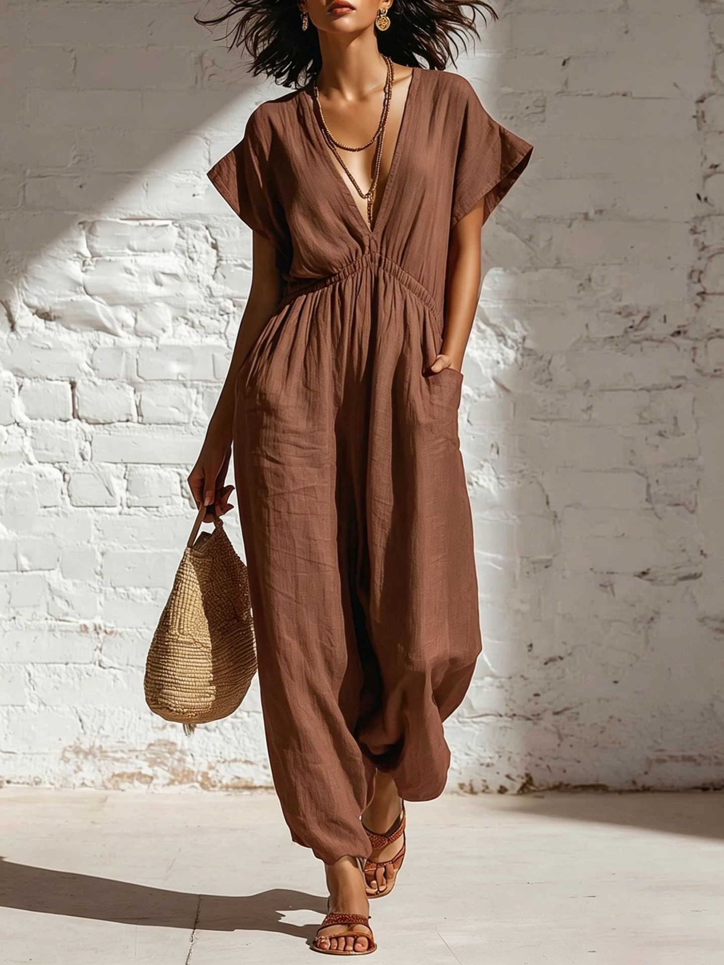 Women's Summer Deep V-Neck Wide-Leg Jumpsuit with Waist Tie Streetwear