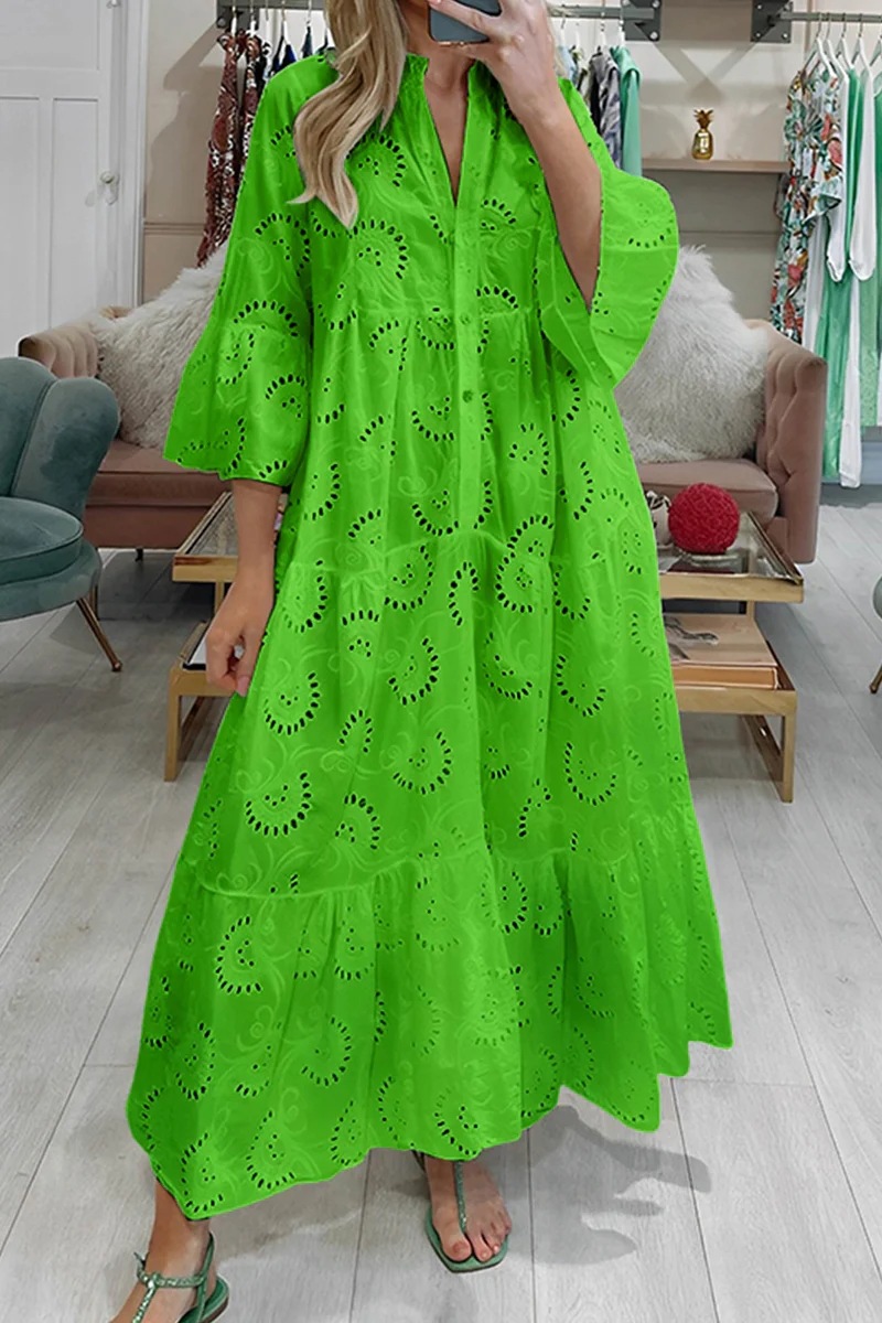 V-Neck Bell Sleeve Lace Hollow Out Solid Long Dress