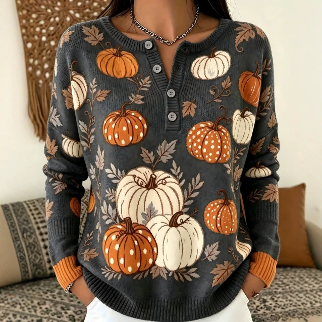 Women's Pumpkin Print Button-Up Casual Sweatshirt