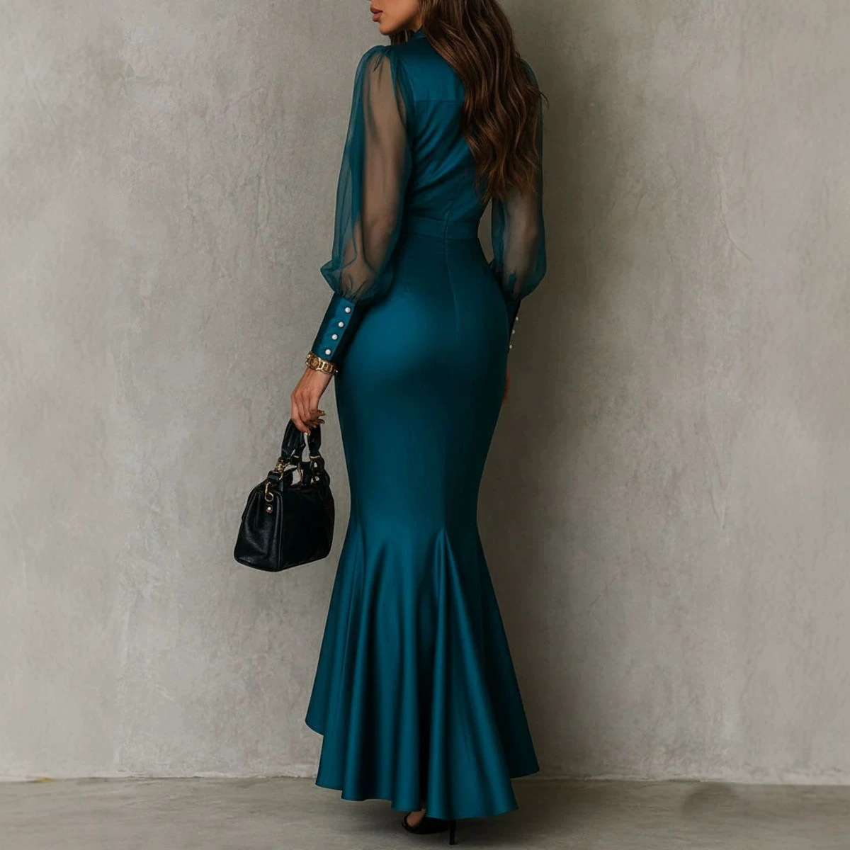 Peacock Blue Satin Mesh Sleeve Shirt Collar Dress Ruched Waist Mermaid Long