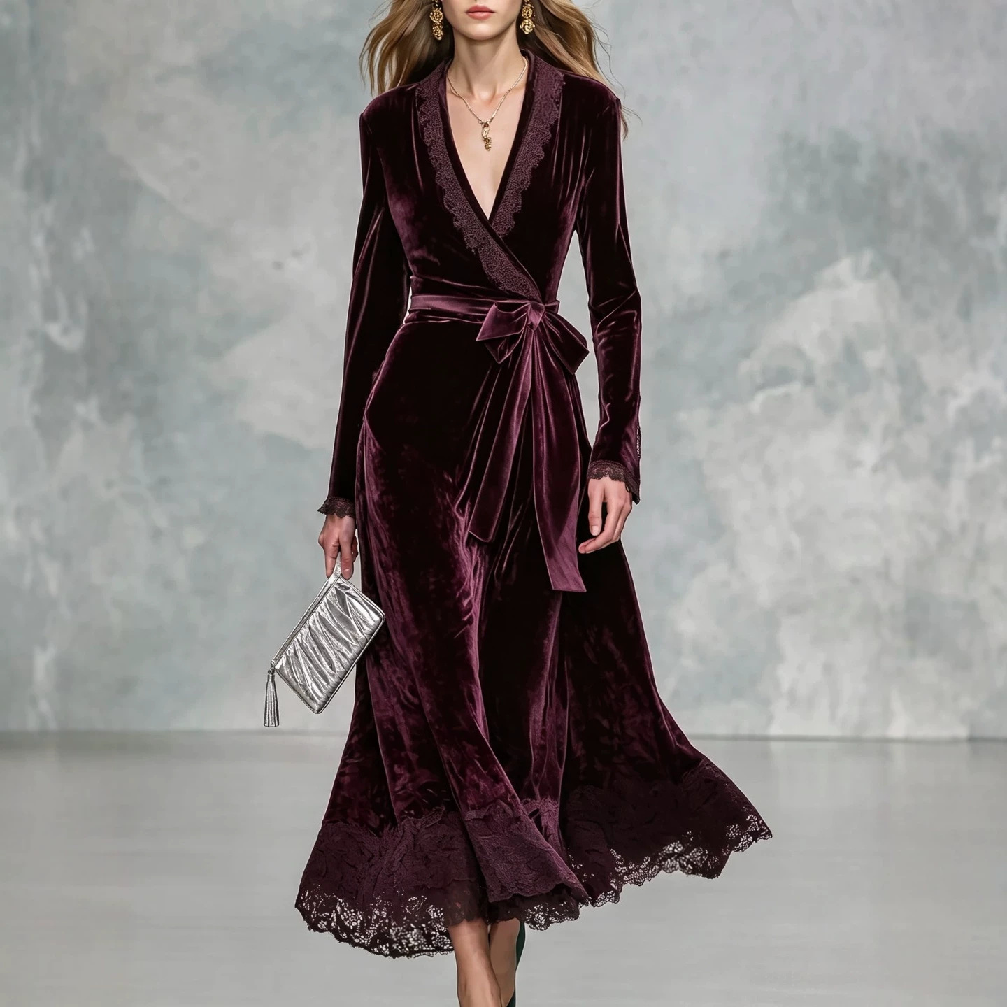Retro Lace Spliced Lace-Up Waist-Slimming Long Dress