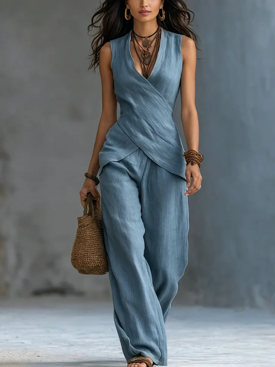 V-Neck Cross Top and Wide-Leg Pants Set