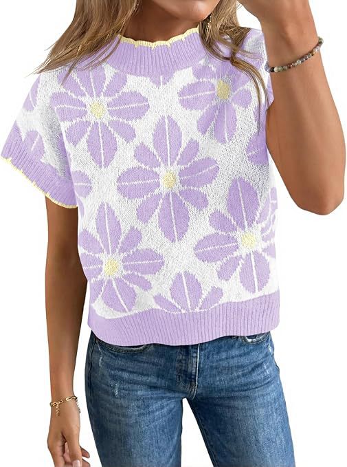 Women's Floral Knit Short Sleeve Sweater Vintage Crew Neck Loose Summer Pullover