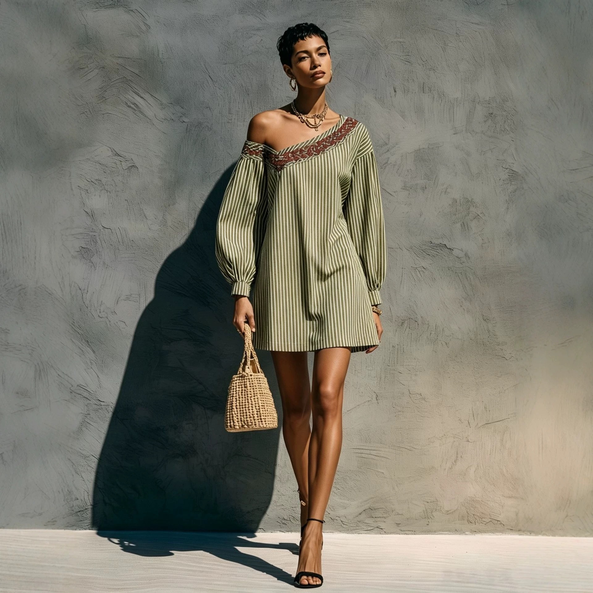 Striped One-Shoulder Long-Sleeve Embroidered Mini Dress