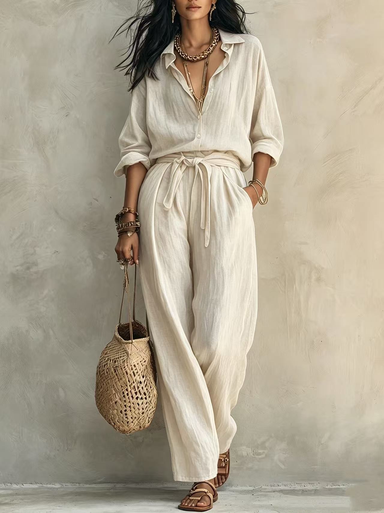 Textured Crinkle Wide-Leg Shirt and Pants Set with Tie