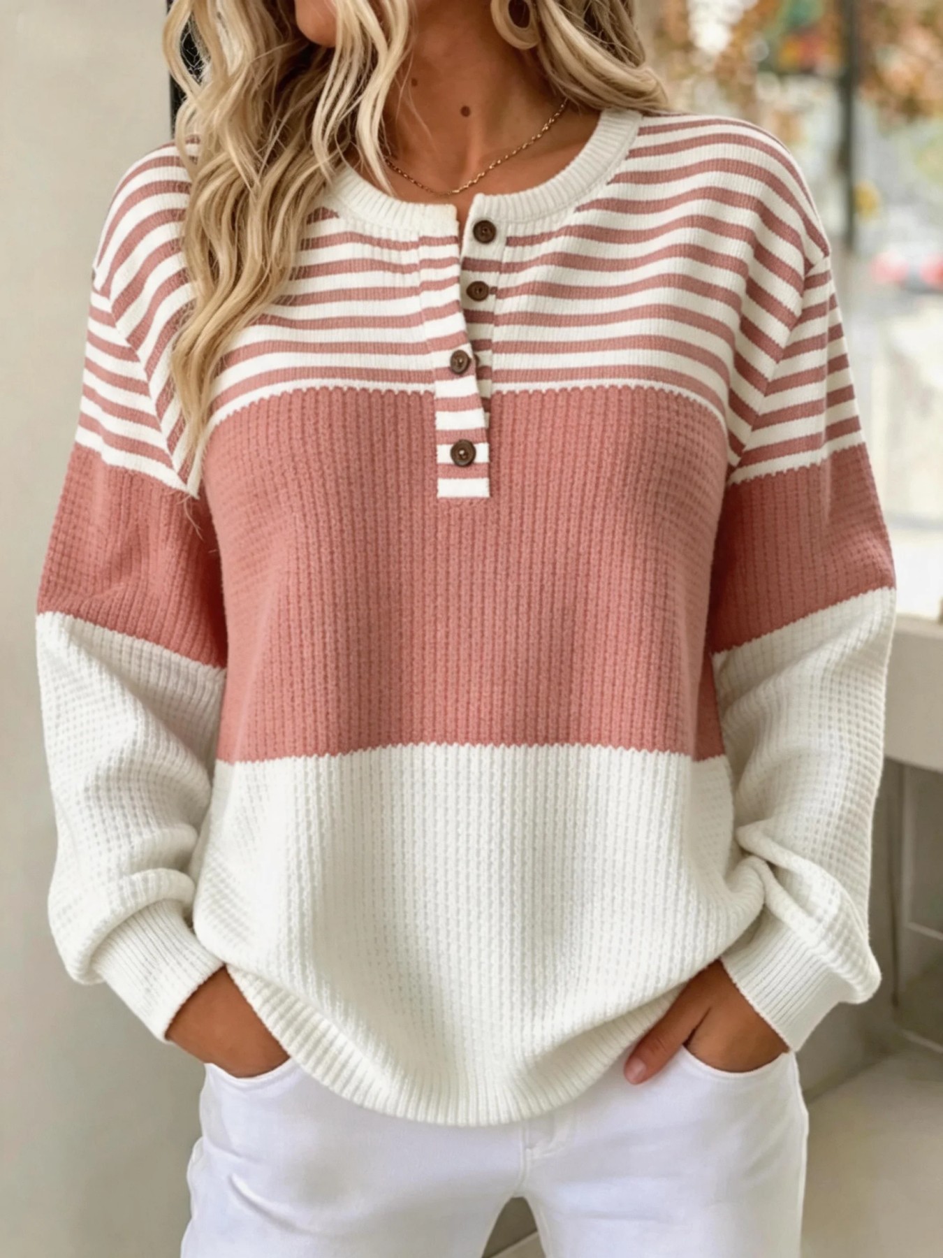 Women's Retro Striped Print Buttoned Casual Sweatshirt