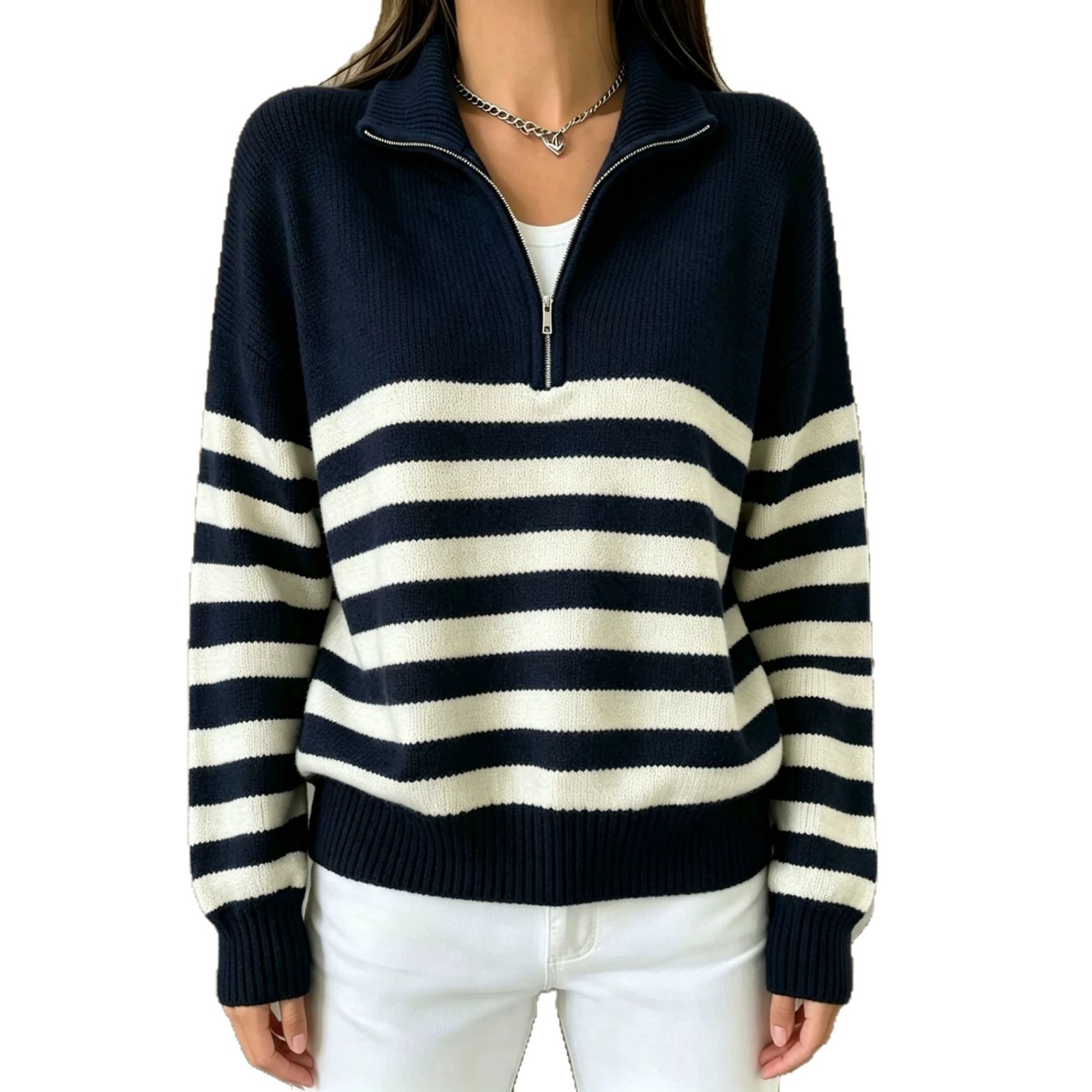 Striped Color-Block Half-Zip Sweater