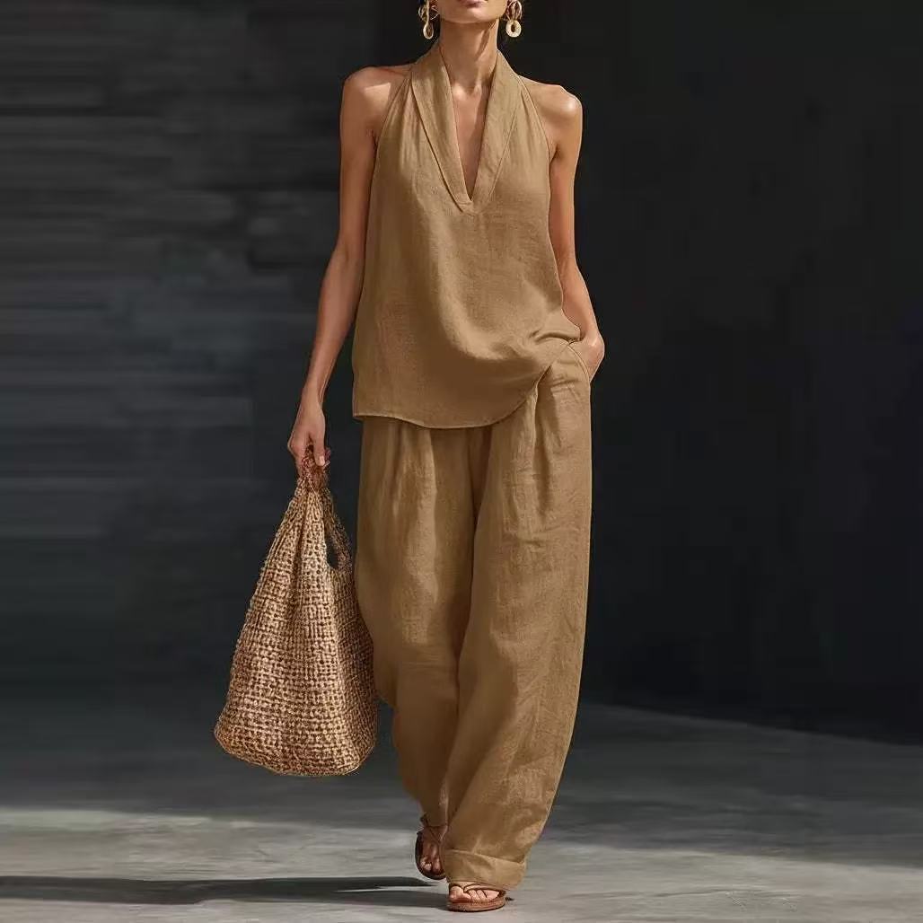 Women's Halter V-Neck Two-Piece Pant Set Casual Loose Fit