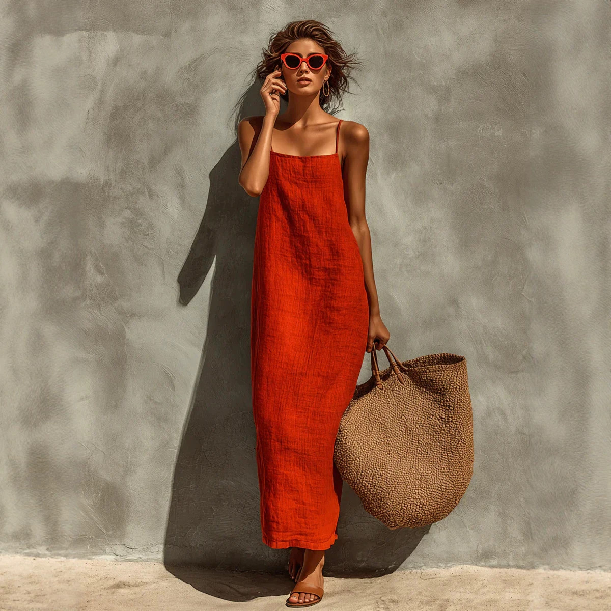 Women's Solid Color Cotton Linen Sleeveless Long Cami Dress