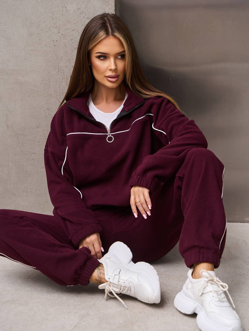 Women's Casual Loose Zip Stand Collar Fleece Hoodie Two-Piece Set