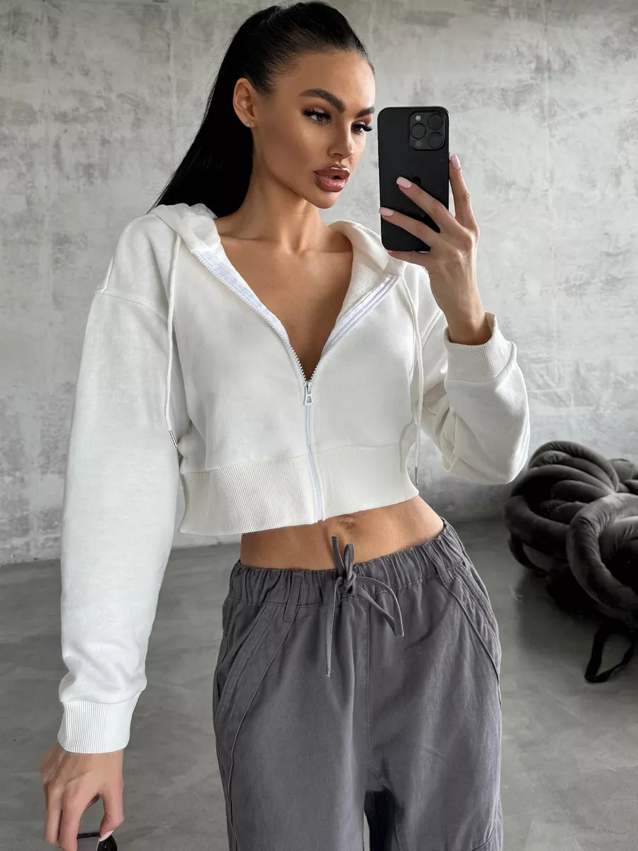 Women's Long Sleeve Hooded Zip-Up Cropped Fleece Sweatshirt