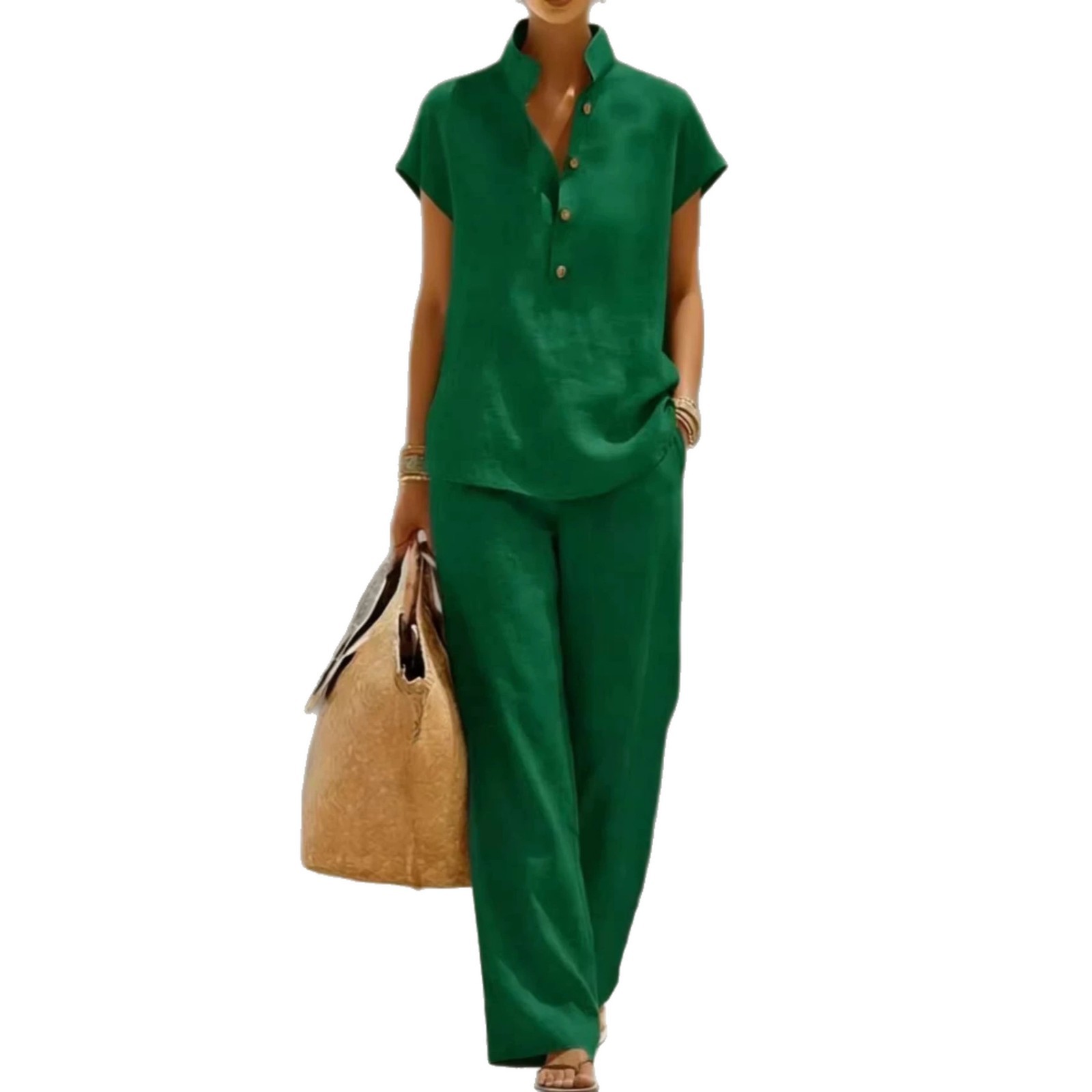 Women's Casual Linen-Blend Open-Front Shirt & Pants Set