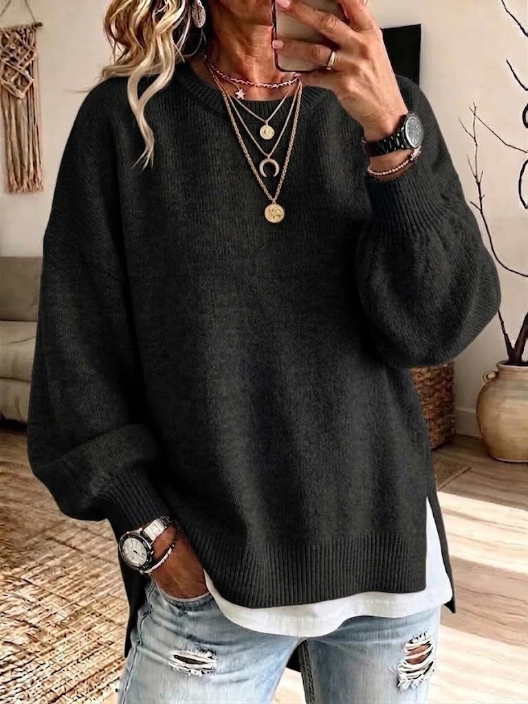 Women's Crewneck Sweater with Split Hem Loose Knit Pullover