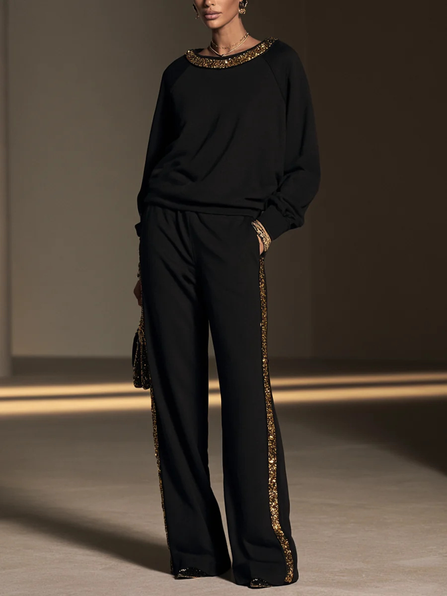 Gold Sequin Boat Neck Top & Wide Leg Pants Set