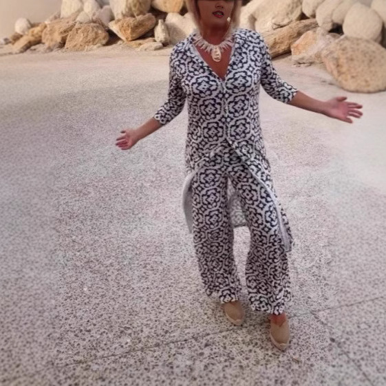 Women's Retro Print Button-Front Shirt and Pants Set