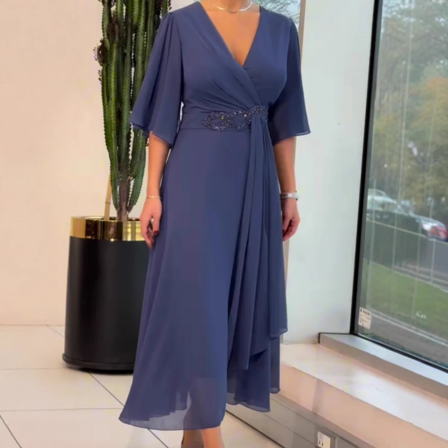 Women's V-Neck Ruched Solid Color Midi Dress