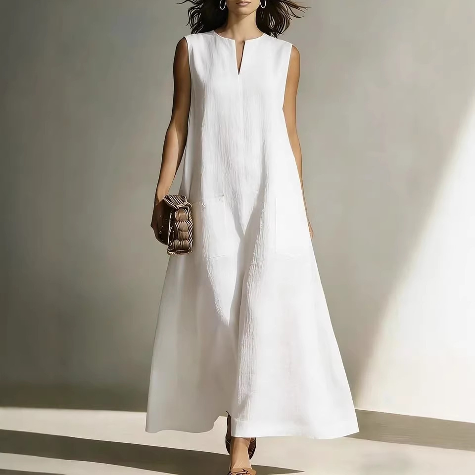 Women's Sleeveless Cotton-Like Linen A-Line Midi Dress
