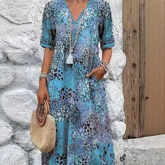 Women's Printed V-Neck Midi Dress with Pockets Casual Vacation Home Wear