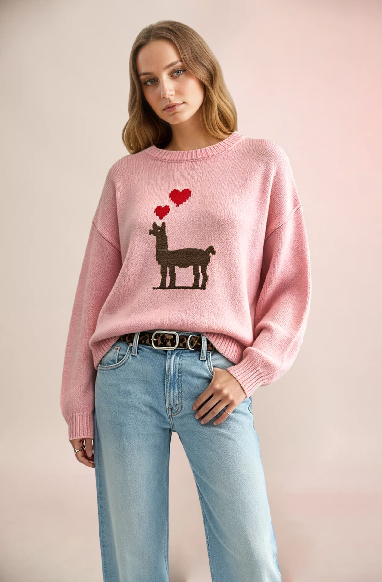 Heart Colorblock Crewneck Pullover Knit Sweater