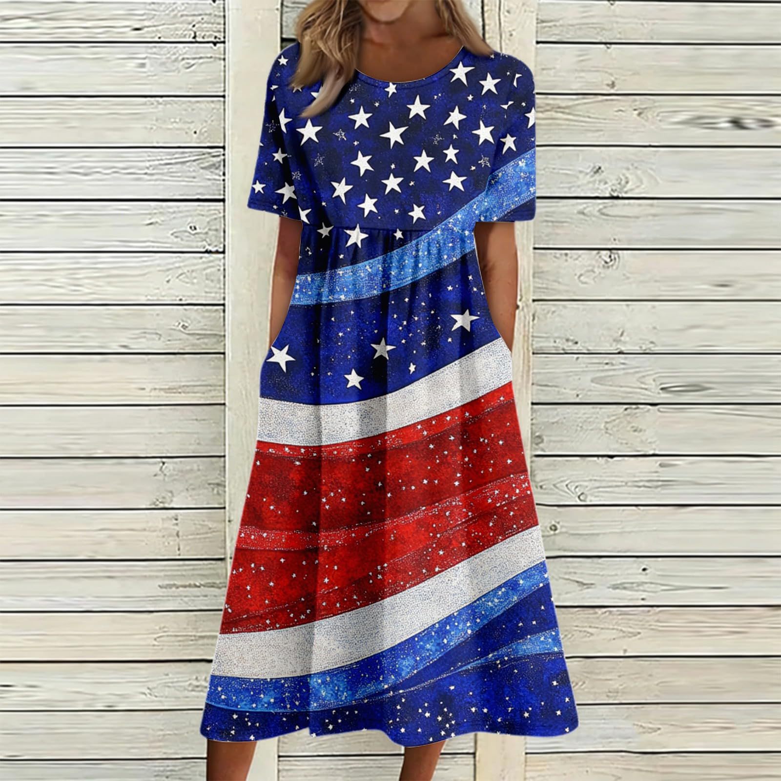 Women's Star Floral Print Ruched Midi Dress Short Sleeve Crew Neck