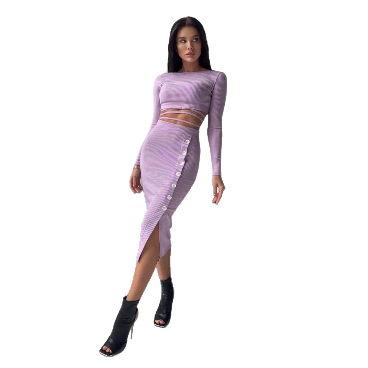 Women's Cropped Knit Two-Piece Dress Set with Slit Bodycon Midi Skirt