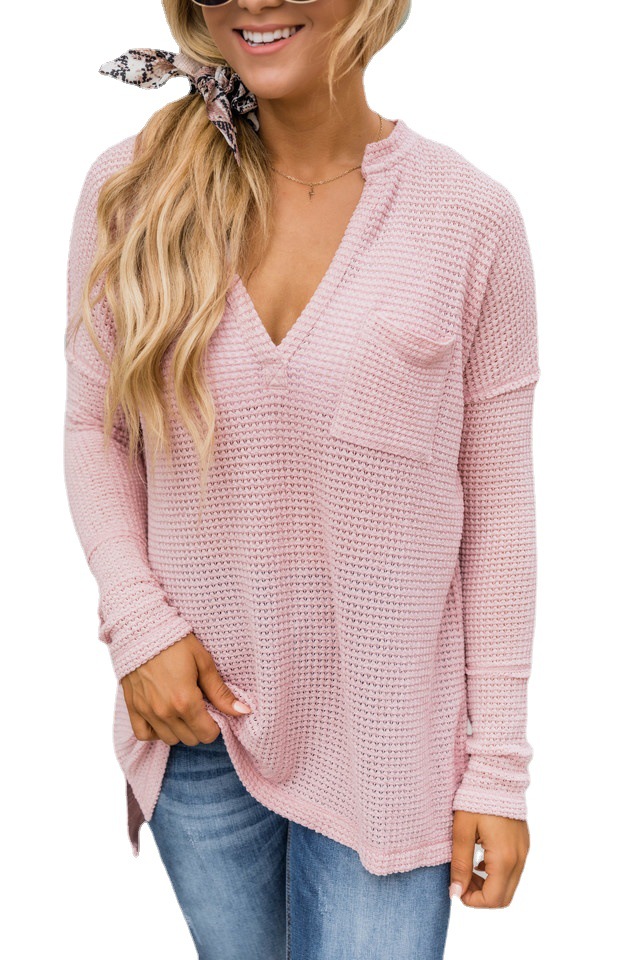 V-Neck Long Sleeve Plaid Pullover Hoodie Casual Loose Fit
