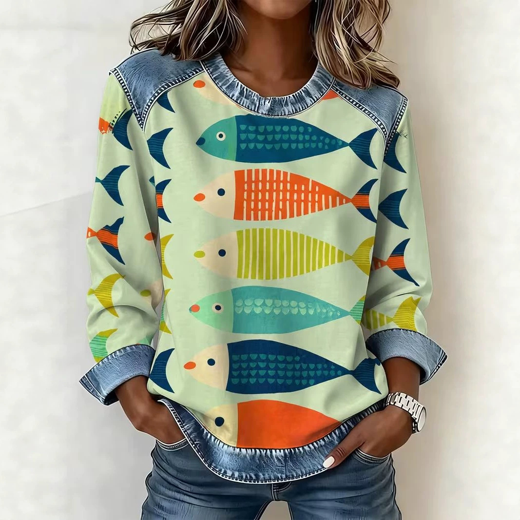 Women's Sailfish Print Casual Pullover Sweatshirt
