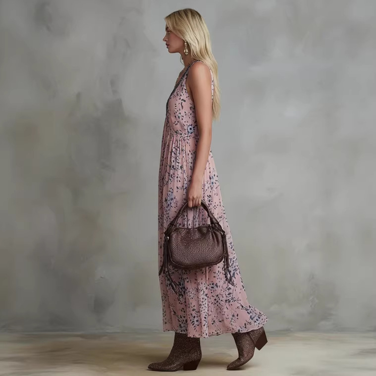 Vintage Floral Print Pink Chiffon V-Neck Long Dress