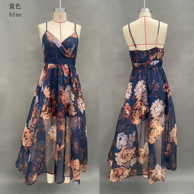 Women's Floral Print Ruched Sleeveless V-Neck Maxi Dress