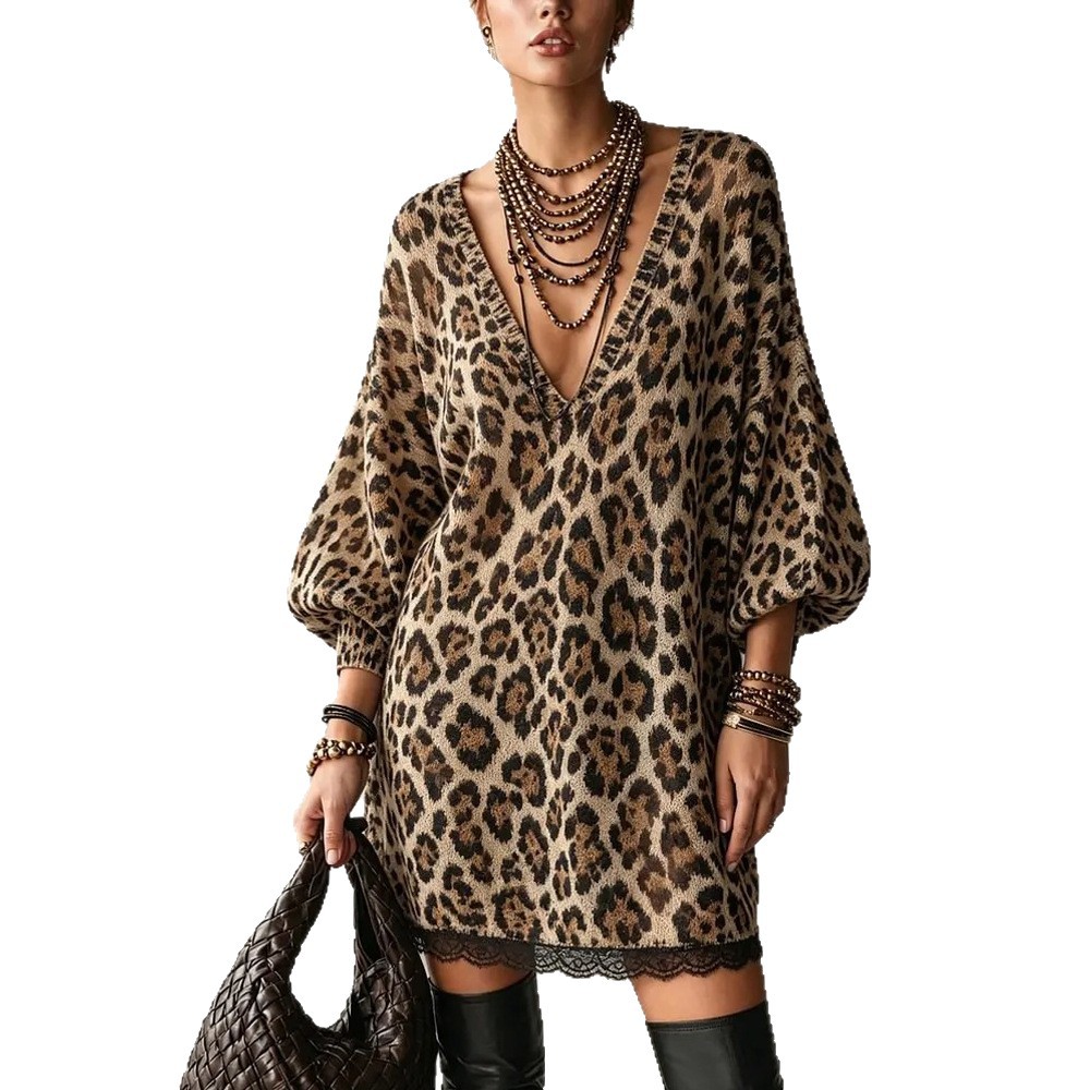 Deep V-Neck Leopard Lace Panel Bodycon Dress