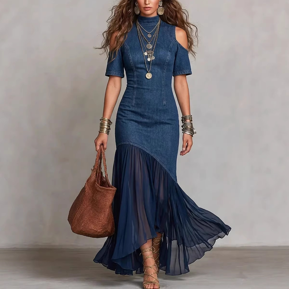 Off-Shoulder Short Sleeve French Mesh Hem Dress