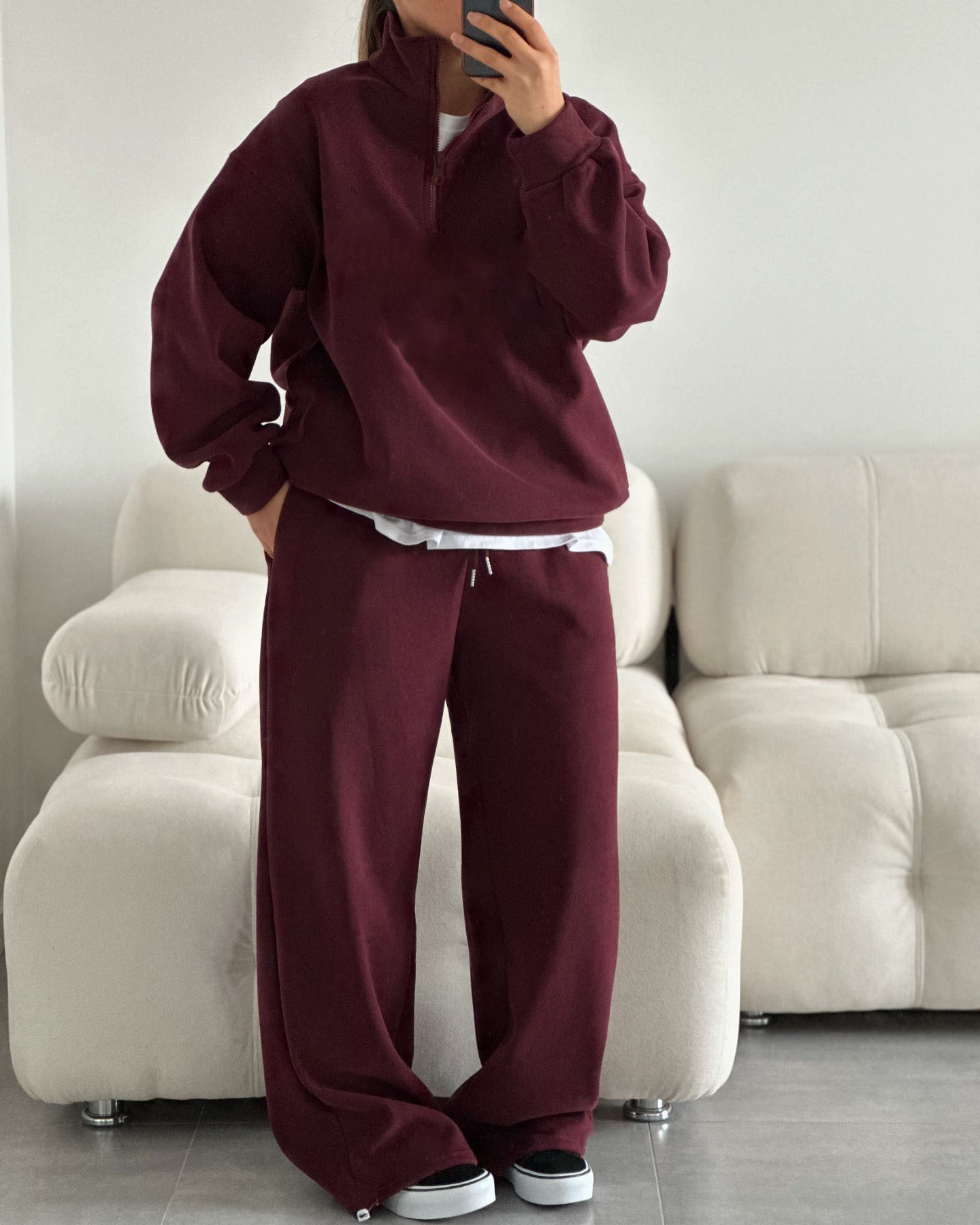 Oversize Half-Open Collar Long-Sleeve Hoodie & Drawstring Sweatpants Set
