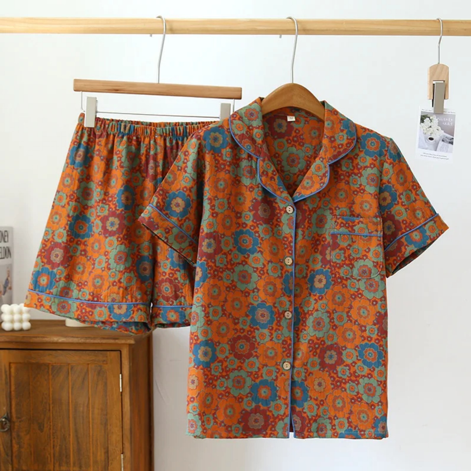 Women's Cuban Collar Floral Print Short Sleeve Shirt Set