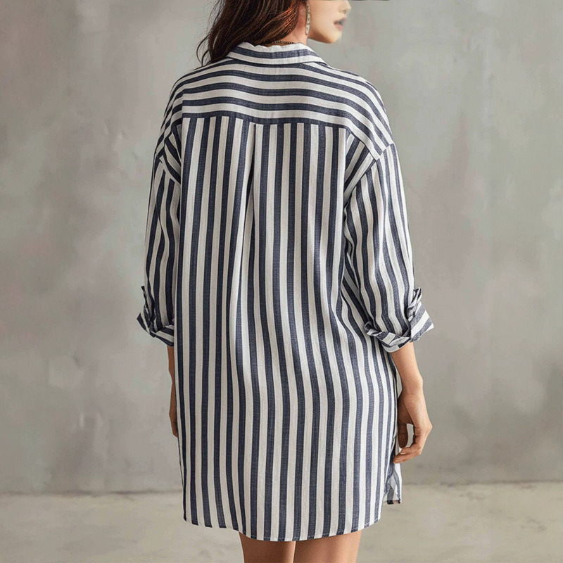 Striped Cotton-Blend A-Line Shirt Dress with Pockets, 3/4 Sleeve, Loose Fit
